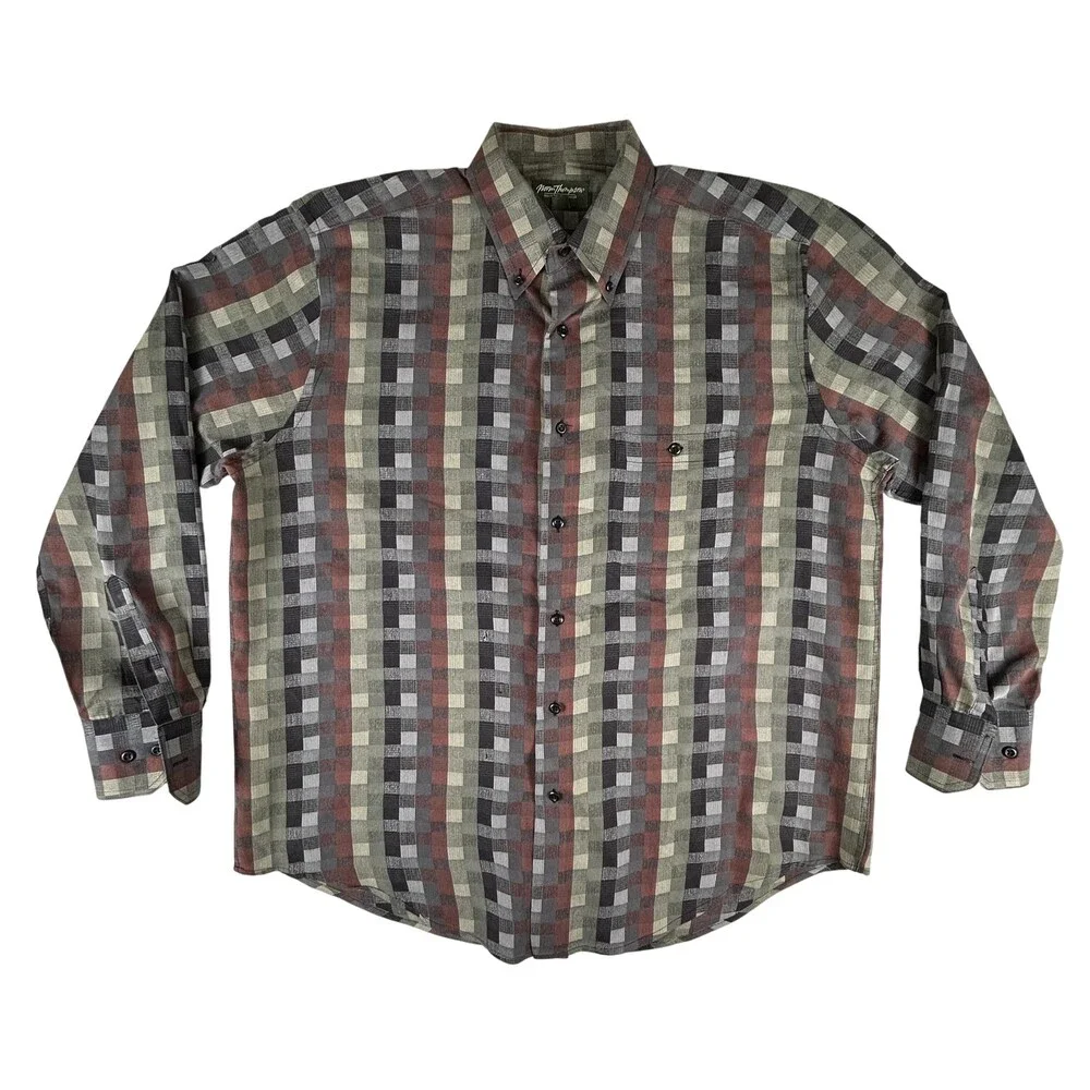 Norm Thompson Shirt Mens Large Plaid Button Down Casual Pocket Vintage Look